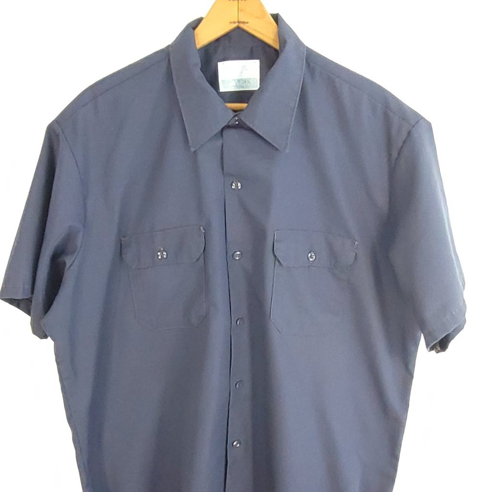 Vtg Sears Work Leisure Shirt Men's XL Blue Short Sleeve Button Front Distressed